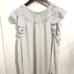LOFT Short Sleeve Blouse White Dotted Shirred XXL